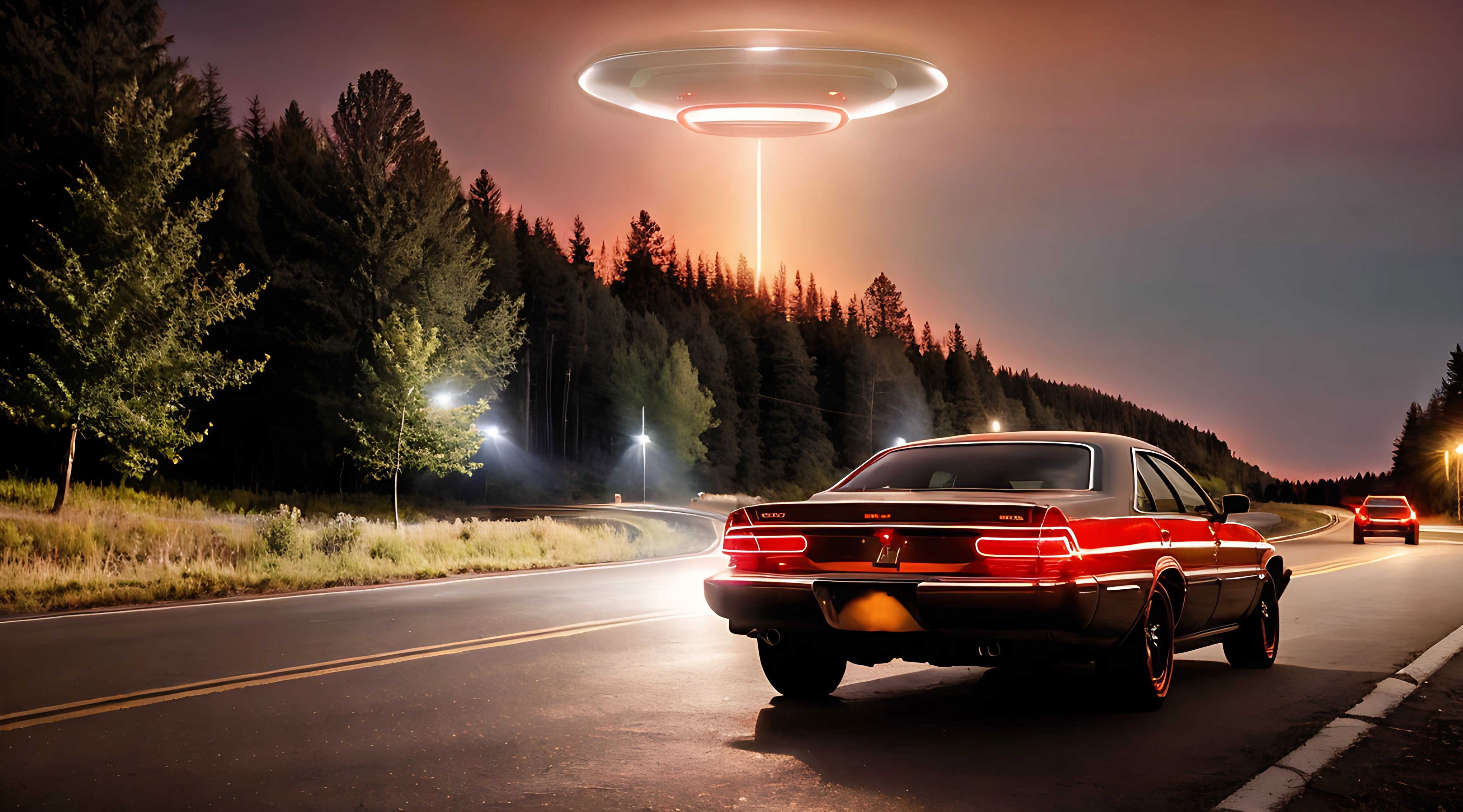 A classic alien flying saucer UFO beams a floating person up, parked car on the side of the road with red glowing taillights its headlights illuminate the trees on the edge, mystical glow, epic, ray tracing, hyper realistic photo,