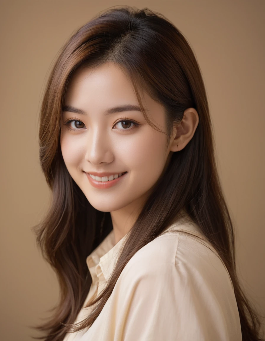 masterpiece, best quality, raw photo, realistic, 1girl, j-pop, shirt, (head and shoulders portrait:1.2), long hair, smile, (sepia photography), (professional photo, balanced photo, balanced exposure)