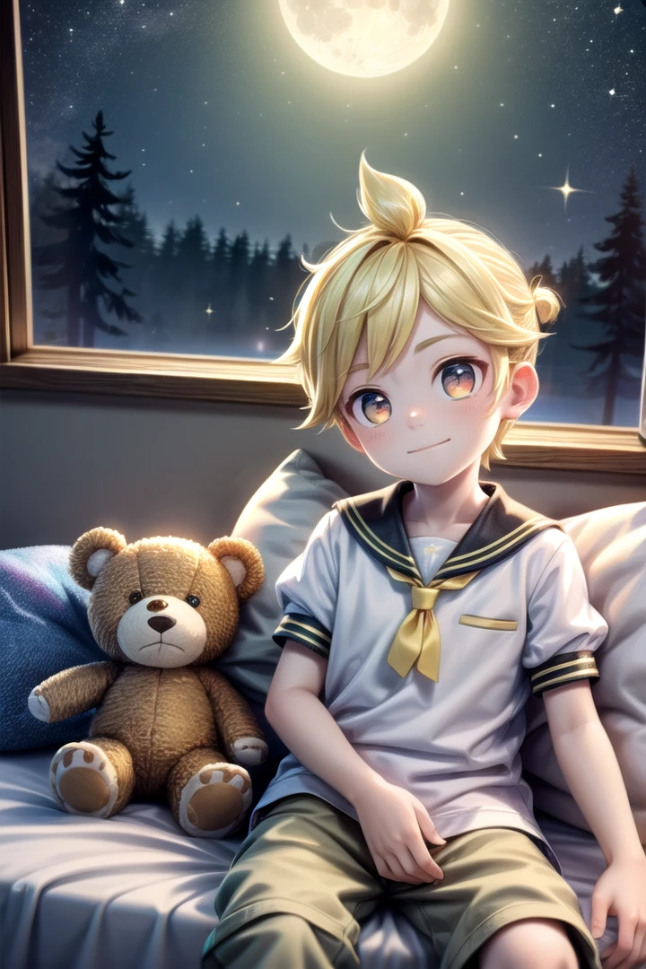 ((masterpiece:1.4,best quality)), <lora:KagamineLenV1:0.7>, 1boy, sailor_collar, Kagamine_Len, yellow hair, (8k:0.7), (dusk:0.6), moon, night, starsm, smile, short sleeve, long pants, (white shirt:1.2),1 boy,multiple details, (cuddle low detailed 1 teddybear,:1.2) multicolored eyes,eyeshadowy, tavern, warm interior, sleepy,bloom, sparkle, sitting leaned back on bed, window
<lora:add_detail>,<lora:kawaiimixNijiV5Cute_v10:0.6>,<lora:custard_cookie:0.5>