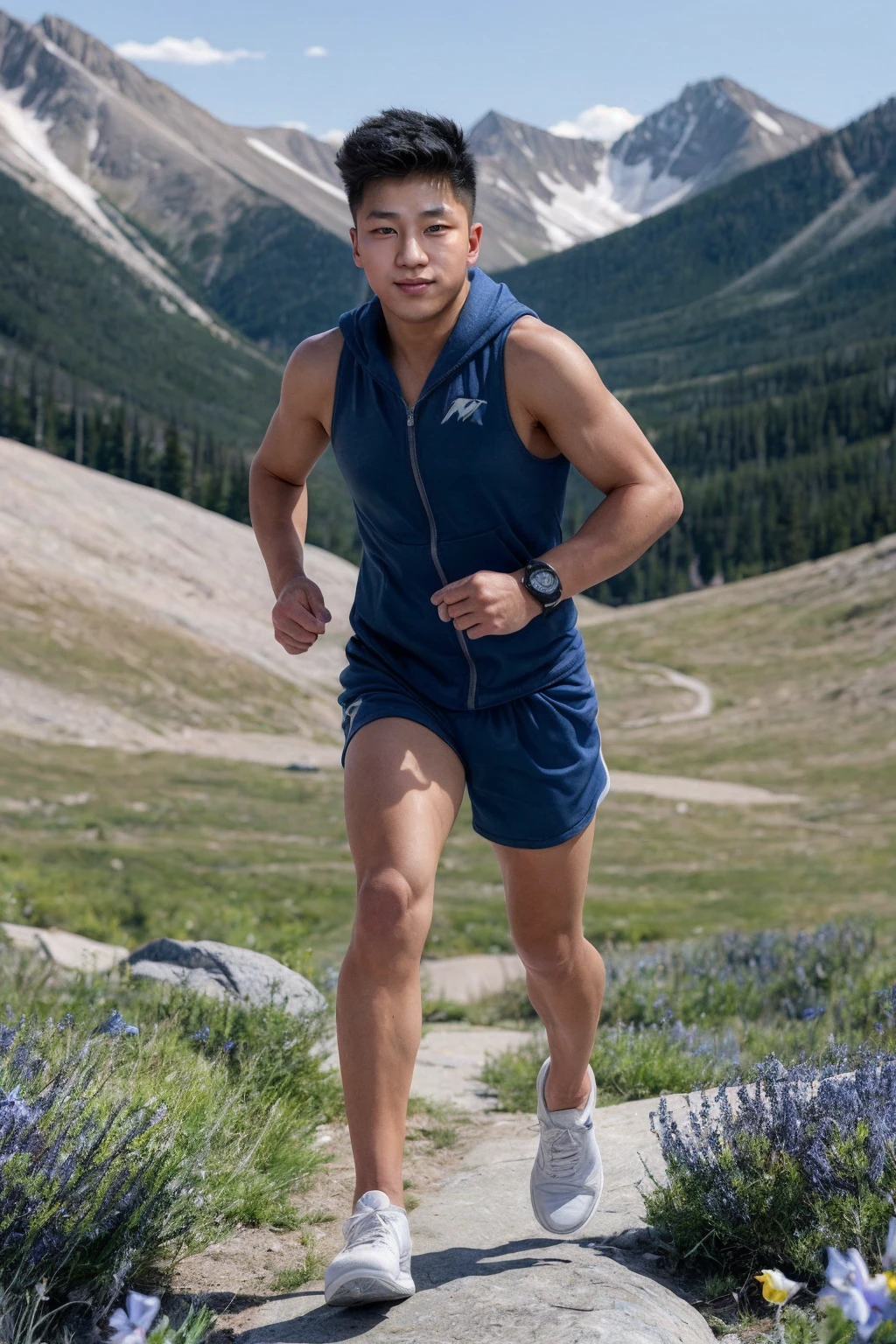 full body, confident pose, <lora:yul_moldauer-05:0.75> photo of yul_moldauer, Colorado blue columbine flowers, relaxed confident expression, wearing a sleeveless hoodie and compression shorts and white Nike running sneakers,  posing in Rocky Mountain National Park, wearing a smartwatch