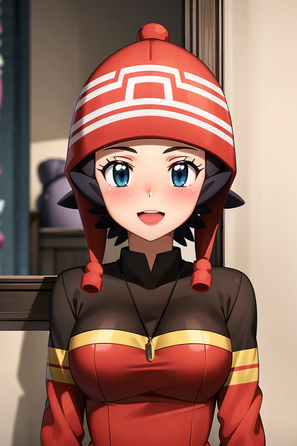 Masterpiece, carlita, 1girl, blue eyes, black hair, hat, jewelery, standing, red headwear, blush, portrait, smile, open mouth <lora:carlita:0.8> <lora:more_details:0.3>