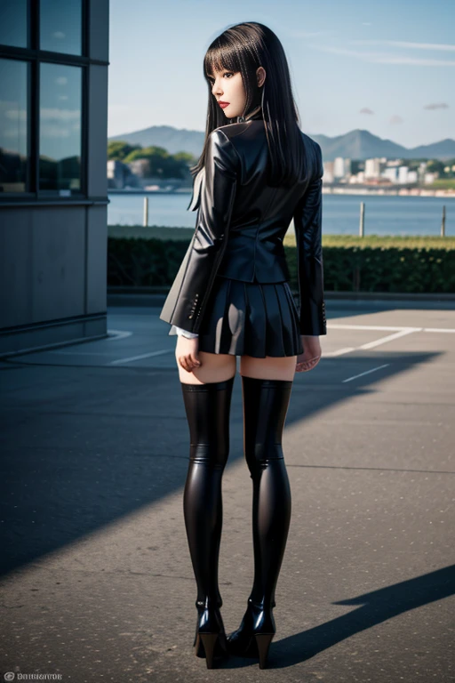 realistic, masterpiece, high detailed skin, looking at viewer, full body shot, scenic view, long hair, black hair
<lora:Latex_School_Dress_By_Stable_Yogi:1> latex pattern school uniform, blazer, skirt, thighhighs