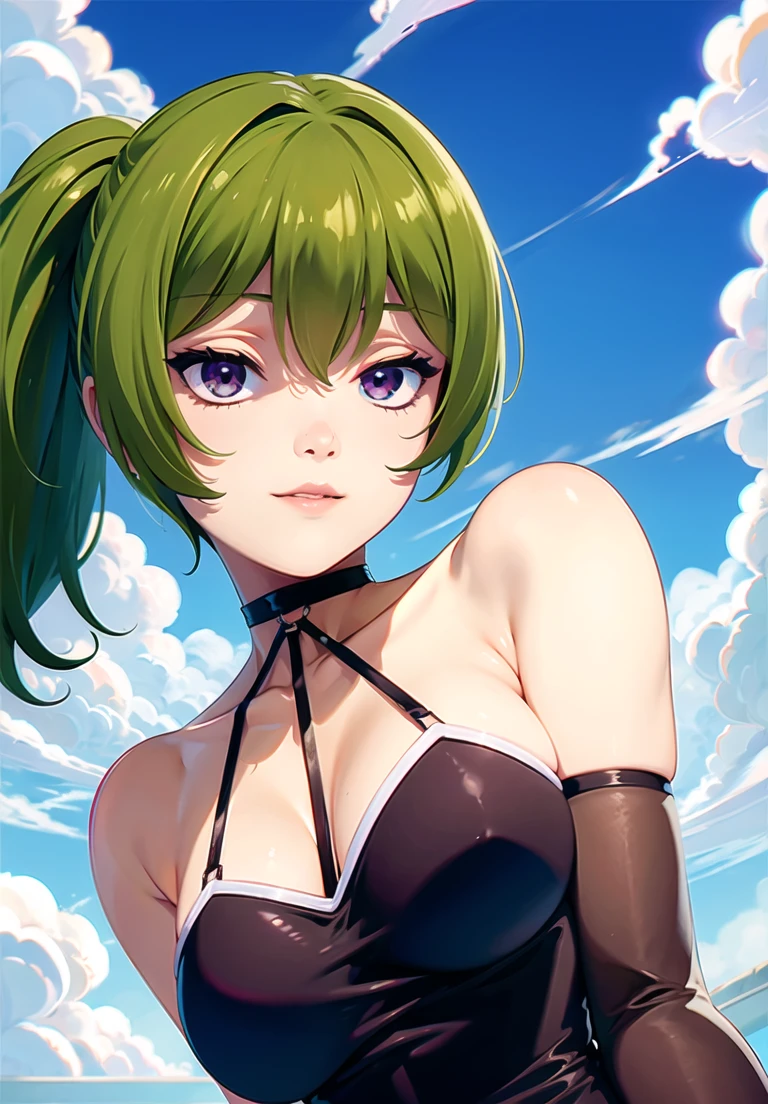 1 qirl, ubel, (masterpiece:1.3), (A high resolution), (extremely detailed), A girl with long, green hair in a side ponytail, beautiful detailed eyes, beautiful detailed lips, extremely detailed face and eyes, long eyelashes, elegant expression, masterpiece