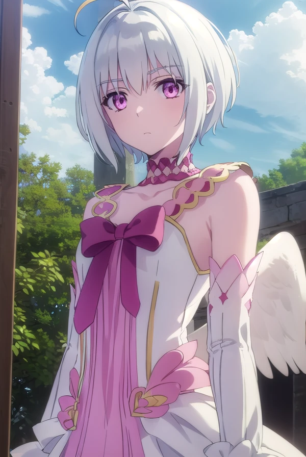fitoria, <lora:fitoria s1-lora-nochekaiser:1>,
fitoria, short hair, white hair, (pink eyes:1.3), ahoge, antenna hair,
BREAK dress, bow, detached sleeves, wings, choker, feathered wings, angel wings, frills, pink bow,
BREAK outdoors, forest, nature, sky, sun, clouds,
BREAK looking at viewer, (cowboy shot:1.5),
BREAK <lyco:GoodHands-beta2:1>, (masterpiece:1.2), best quality, high resolution, unity 8k wallpaper, (illustration:0.8), (beautiful detailed eyes:1.6), extremely detailed face, perfect lighting, extremely detailed CG, (perfect hands, perfect anatomy),