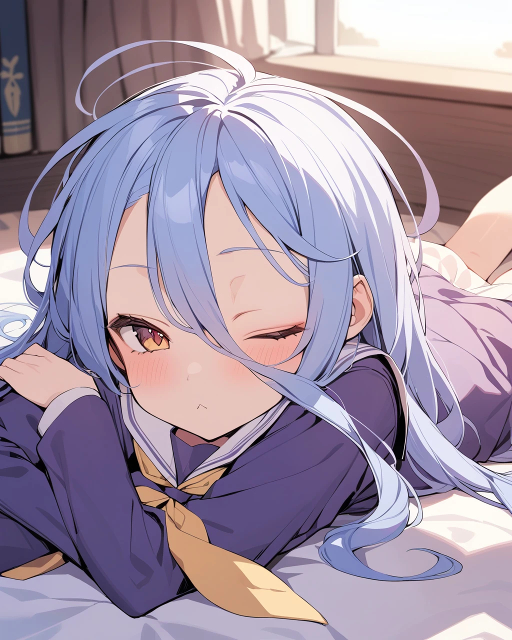 masterpiece, best quality, <lora:bai:1>ï¼1girl, long hair, school uniform, solo, one eye closed, blue hair, :<, blush, lying, serafuku, on stomach