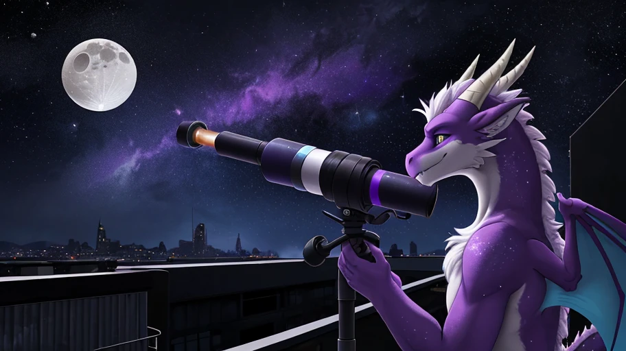 (A furred white and purple dragon) looking at (telescope eyepiece telescope pointed at the moon:1.1) atop a building rooftop lounge
BREAK rocky outskirts of a cyberpunk in the distance looking at the moon, inlayed with circuit like lights on the moon through the telescope, stars, galaxy's nebulas, beautiful colored night sky