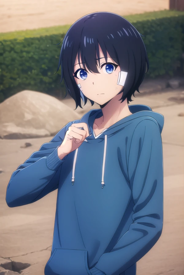 jinwoosung, <lora:jinwoo sung-alpha-lora-nochekaiser:1>,
jinwoo sung, blue eyes, black hair, hair between eyes, male focus,
BREAK hood, hoodie, bandages, hood down, bandaid, orange shirt, blue hoodie, bandage on face,
BREAK outdoors, city,
BREAK looking at viewer, (cowboy shot:1.5),
BREAK <lyco:GoodHands-beta2:1>, (masterpiece:1.2), best quality, high resolution, unity 8k wallpaper, (illustration:0.8), (beautiful detailed eyes:1.6), extremely detailed face, perfect lighting, extremely detailed CG, (perfect hands, perfect anatomy),