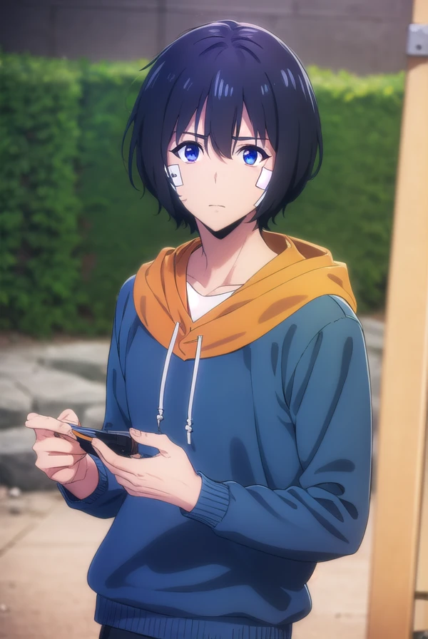jinwoosung, <lora:jinwoo sung-alpha-lora-nochekaiser:1>,
jinwoo sung, blue eyes, black hair, hair between eyes, male focus,
BREAK hood, hoodie, bandages, hood down, bandaid, orange shirt, blue hoodie, bandage on face,
BREAK outdoors, city,
BREAK looking at viewer, (cowboy shot:1.5),
BREAK <lyco:GoodHands-beta2:1>, (masterpiece:1.2), best quality, high resolution, unity 8k wallpaper, (illustration:0.8), (beautiful detailed eyes:1.6), extremely detailed face, perfect lighting, extremely detailed CG, (perfect hands, perfect anatomy),