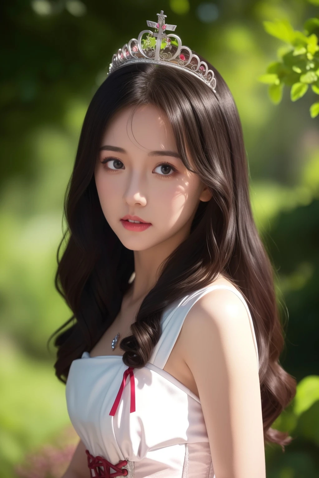 <lora:zqy:0.6:lbw=FACE>1 girl,
<lora:AmagiBrilliantPark_LatifaFleuranza:0.6:lbw=CLOTHING>qbcinderella,
LatifaFleuranza, princess, long wavy black hair, black eyes, intricate silver tiara, pink and white dress, corset with red lacing, white gloves, elegant, castle background, lush greenery, daylight, (highres:1.3), (detailed:1.2), (vibrant:1.1), clean line art, soft shading, (happy:0.9)