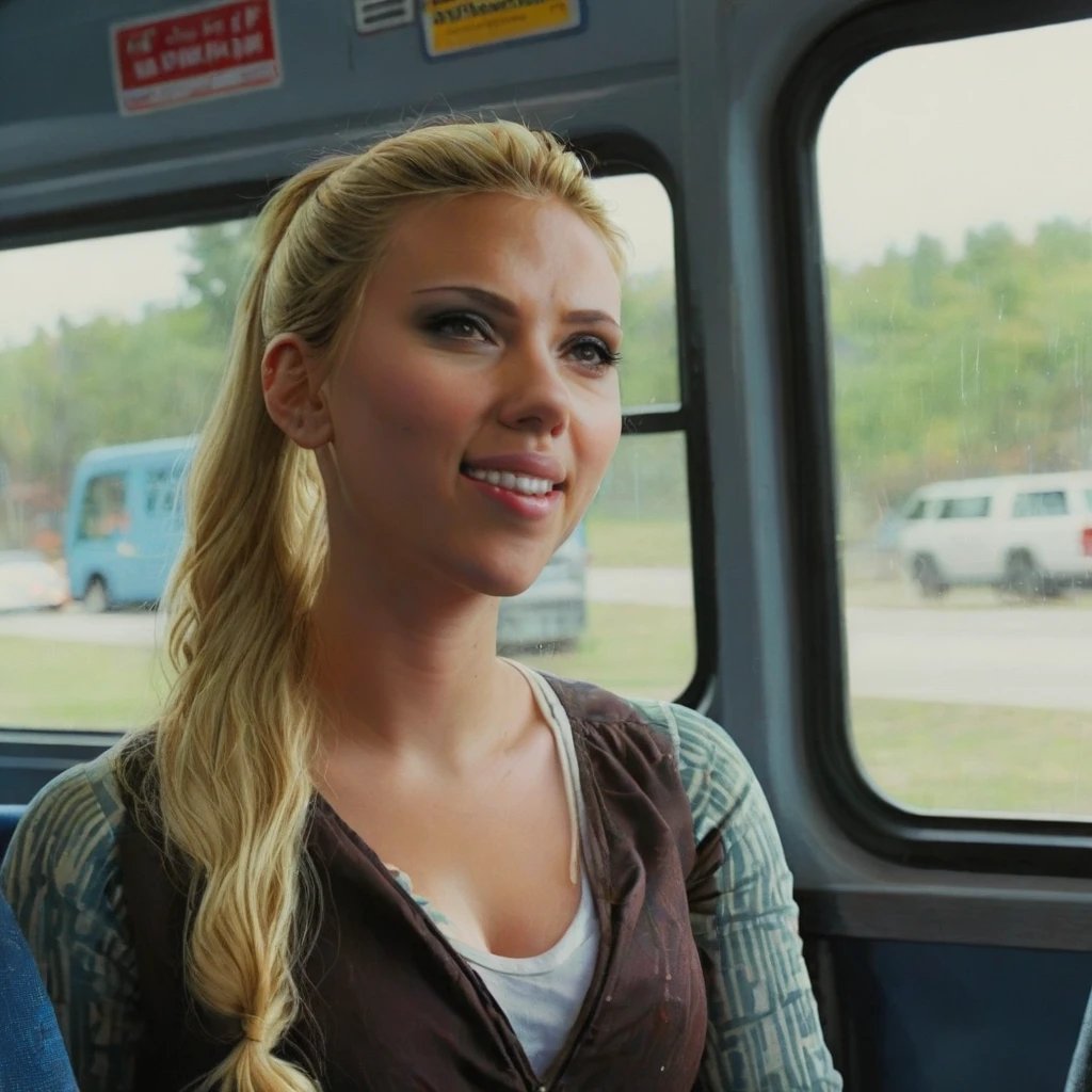 scarlettjohansson, blonde, ponytail, sitting on a bus, half body shot, looking out the window, smiling <lora:scarlettjohansson:1>