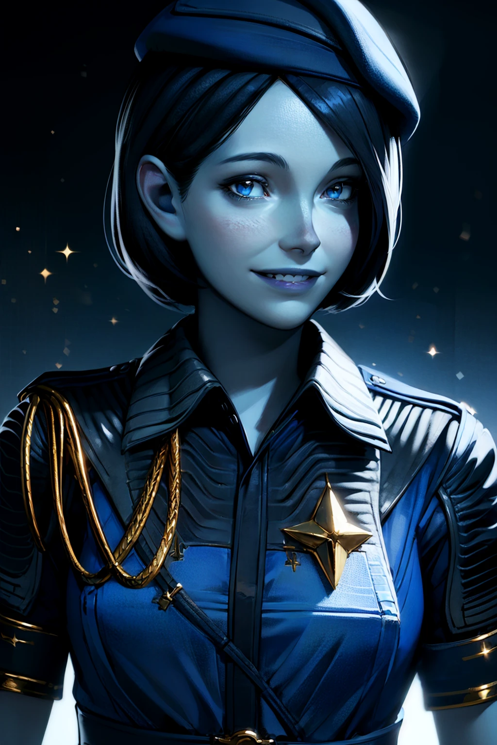 realistic, best quality, 8k uhd, dslr, soft lighting, high quality, <lora:Nikki_Gold_GOTGv1.0:0.8> nikkigotg, blue skin, (black hair), 1girl, solo,looking at viewer, smile, beret, short hair, hat, teeth, blue headwear