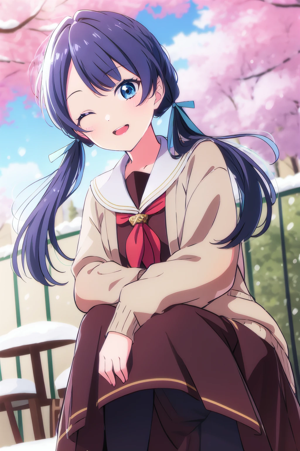 (best quality, masterpiece:1.2), (solo:1.2), anime, anime screencap, anime coloring, vivid color, light particles, looking at viewer, smile, sunlight, lens flare, cinematic light, cute, detailed background,
<lora:A_Murano Sayaka Re:0.8:lbw=MIDD> murano sayaka, sitting, low twintails, happy, school uniform, happy birthday, black pantyhose, outdoors, (winter, snow:1.2), cloud, blue sky, hands on own knees, squatting, solo focus, from below, pov, dating, open mouth, upper body,
<lora:A_Murano Sayaka WSU:0.6:lbw=MIDD>