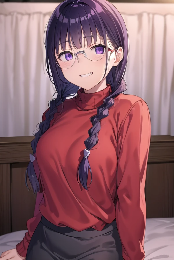 ringoyamiyoshi, <lora:ringoya miyoshi manga-lora-nochekaiser:1>,
miyoshi, long hair, bangs, (purple eyes:1.1), purple hair, braid, glasses, twin braids, smile, grin,
BREAK long sleeves, sweater, turtleneck, turtleneck sweater, (red sweater:1.5), skirt, long skirt,
BREAK indoors, bed,
BREAK looking at viewer, (cowboy shot:1.5),
BREAK <lyco:GoodHands-beta2:1>, (masterpiece:1.2), best quality, high resolution, unity 8k wallpaper, (illustration:0.8), (beautiful detailed eyes:1.6), extremely detailed face, perfect lighting, extremely detailed CG, (perfect hands, perfect anatomy),