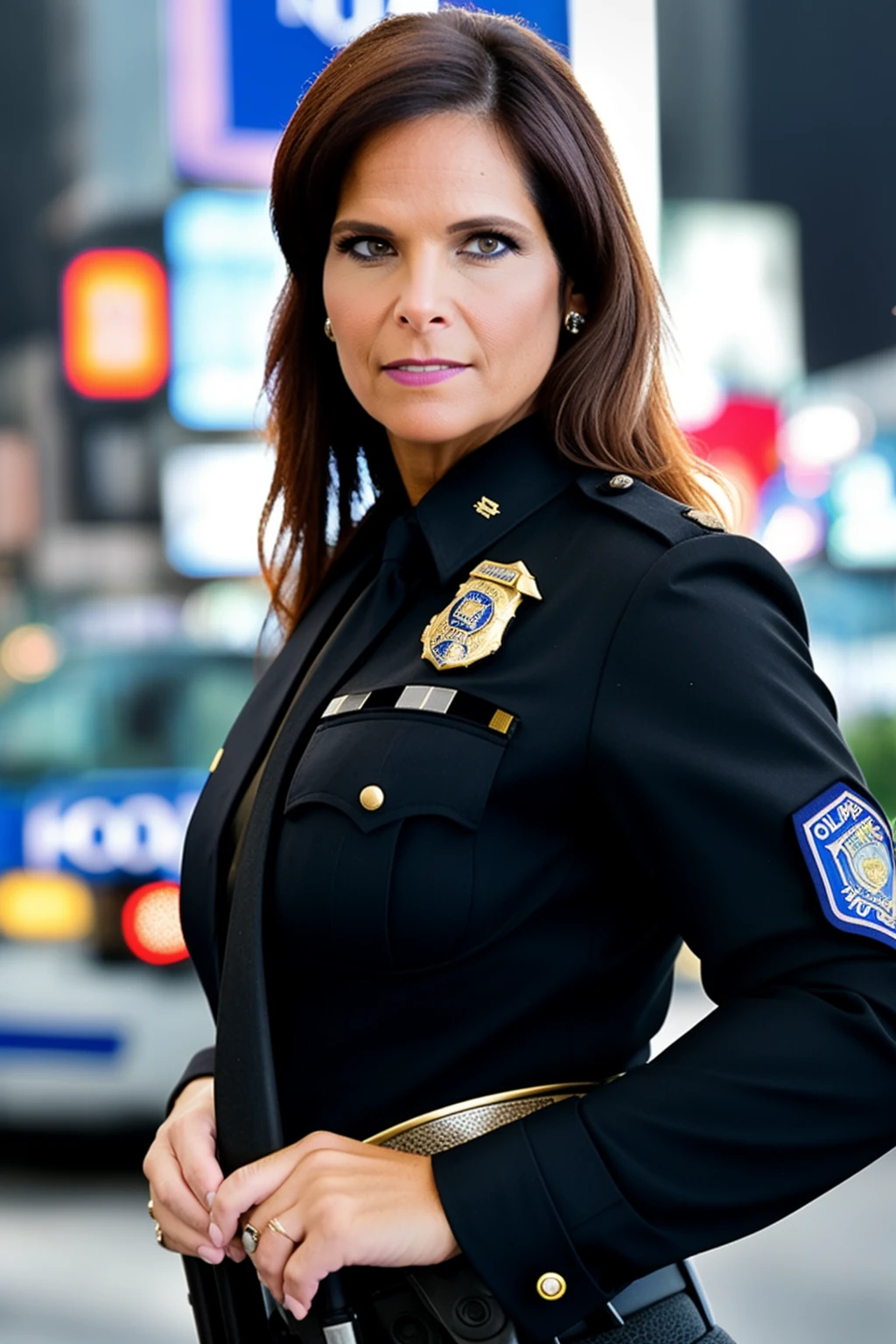 <lora:SyrenDeMer:1> portrait of syrendemer, wearing (black police uniform:1.2), badge, (police officer:1.2), (NYPD:1.4), times square, blurry background, intricate details