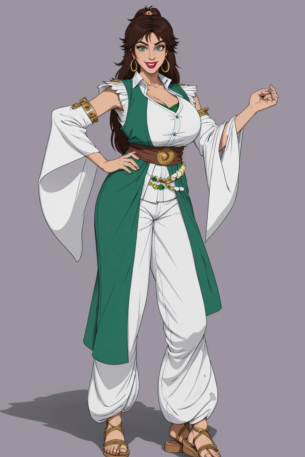 cartoon,flat colors,big breasts,ragged white shirt with patches over the sleeves,green vest, white harem pants with a purple sash, <lora:Sadira_Aladdin:1>,seductive smile,seductive pose,an image of sadira,sadira,portrait,cartoon,flat colors,messy brown hair,blue eyes,thick lips,open mouth,red lips,basar,arabian market background,full body,sandals,open hair,