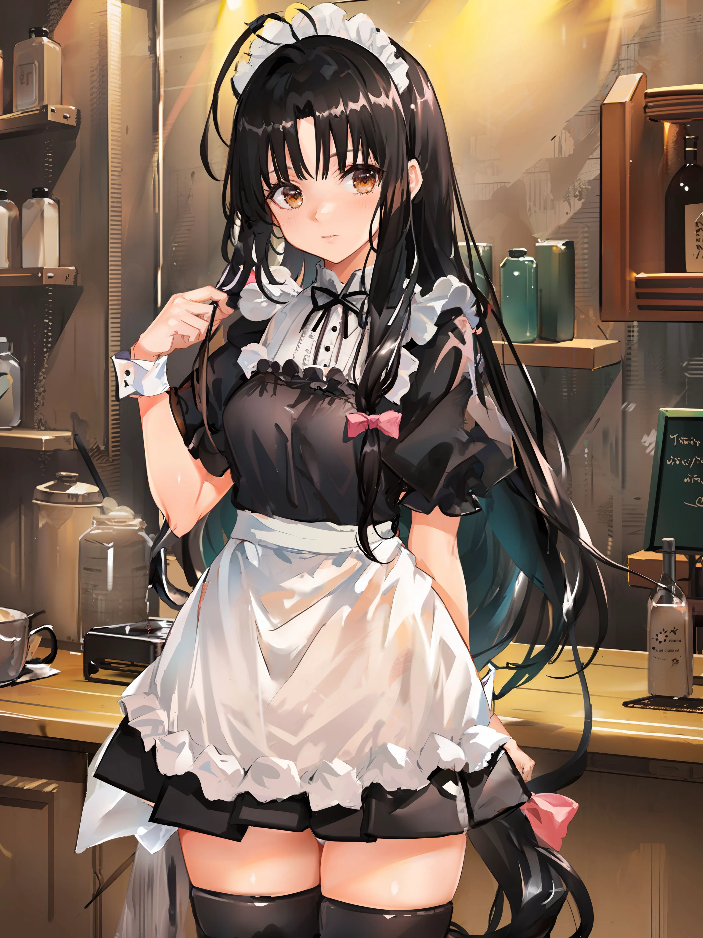 shouhou \(kancolle\), 1girl, enmaided, solo, maid, apron, thighhighs, alternate costume, white thighhighs, ahoge, white apron, maid headdress, black dress, dress, frilled apron, frills, maid apron, white panties, panties, wrist cuffs, underwear, looking at viewer, two-tone background, low-tied long hair, cowboy shot, standing, puffy sleeves, original, intricate detail, illustration, masterpiece, extremely detailed CG unity 8k wallpaper, highlight, sharpening, dynamic, <lora:Shoho:0.8>,