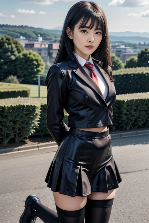 realistic, masterpiece, high detailed skin, looking at viewer, full body shot, scenic view, long hair, black hair
<lora:Latex_School_Dress_By_Stable_Yogi:1> latex pattern school uniform, blazer, skirt, thighhighs