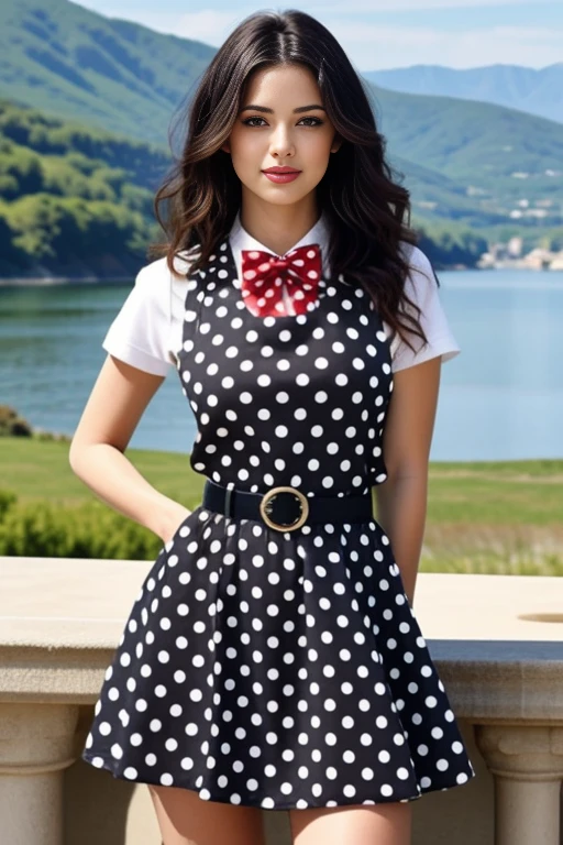 realistic, masterpiece, high detailed skin, looking at viewer, full body shot, scenic view, long hair, black hair
<lora:Pinafore_Polka_School_Dress_By_Stable_Yogi:1> polka dots pattern pinafore dress, long skirt, red bowtie, belt