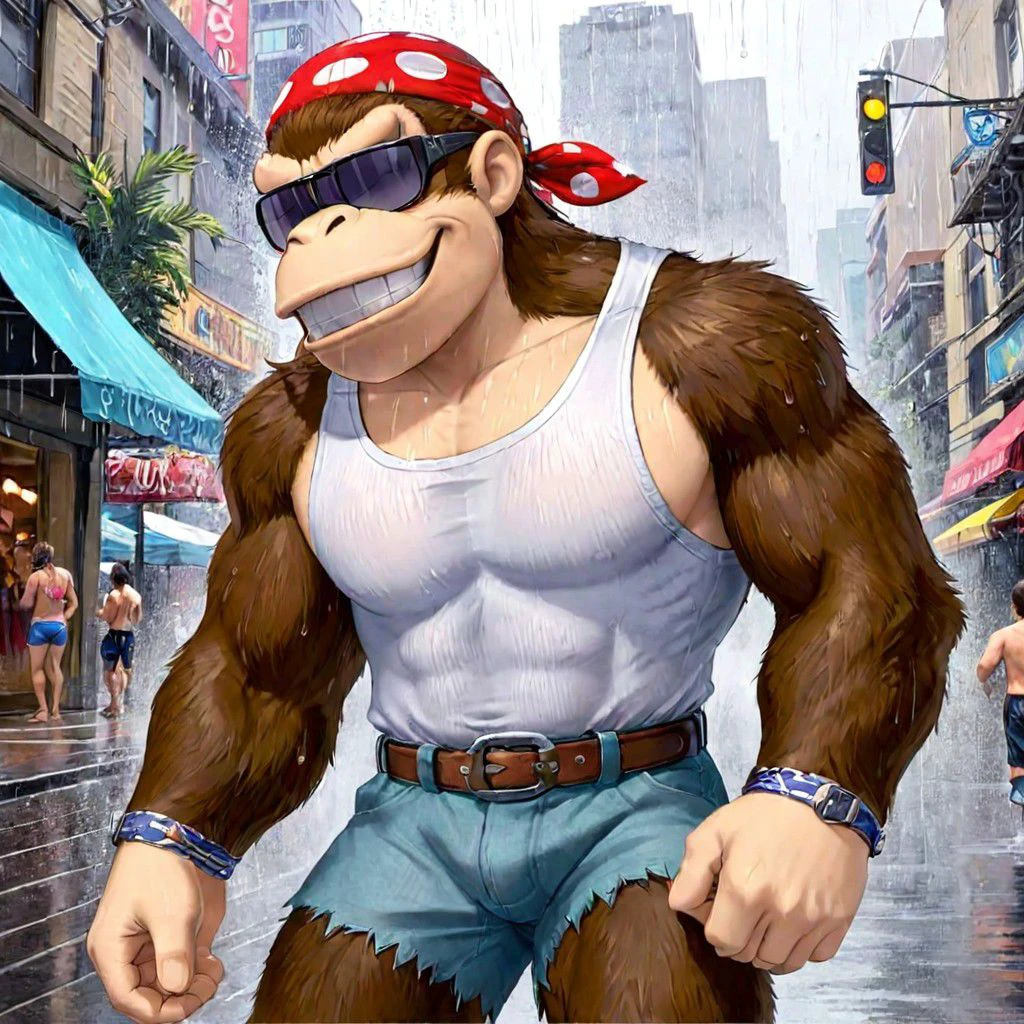 funky kong, solo, smile, detailed background, shirt, 1boy, full body, male focus, shorts, barefoot, teeth, belt, grin, muscular, sunglasses, furry, bandana, furry male, leg hair, penis bulge, handsome pose, shirtless, male nipples, nipple rings, showing pectoral muscles, abs in focus, rain running down body, wet body, rain drops on body, wet white tank top, transparent wet white muscle shirt