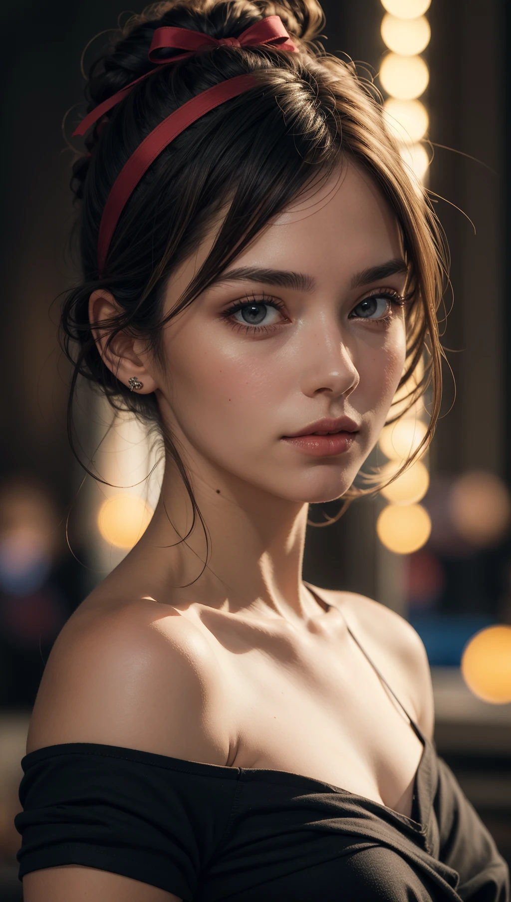 realistic,best quality,(masterpiece:1.2),absurdres,(1girl, solo),watercolor,a beautiful woman,shoulder,hair ribbons,half body portrait,extremely luminous bright design,(ink:1.3),autumn lights,looking at viewer,