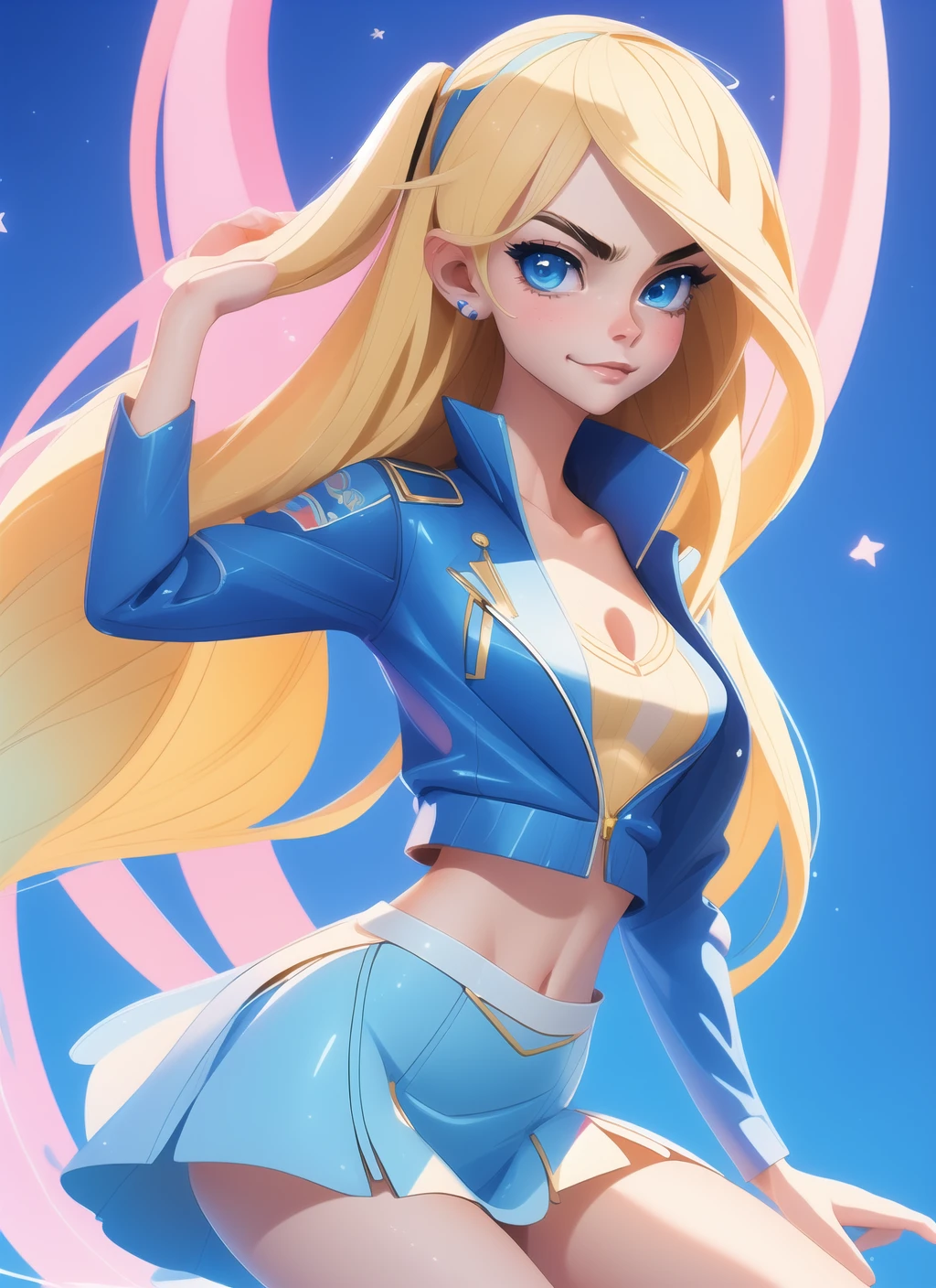 girl with detailed face standing sedative arched,blue short skirt,open legs,open jacket,midriff,smile,puffy lips parted,teeth,short sleeves,unbuttoned open clothes,detailed blue eyes,big eyes,looking at viewer,long blonde hair,ocean sky bg,masterpiece,<lora:doll-girl:0.8>,
