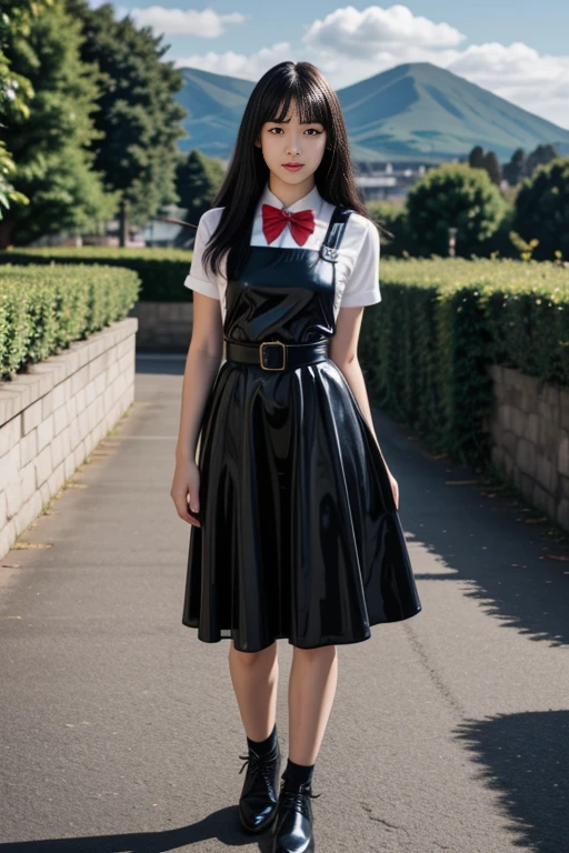 1 woman, 22yo, realistic, masterpiece, high detailed skin, looking at viewer, full body shot, scenic view, long hair, black hair
<lora:Latex_Pinafore_School_Dress_By_Stable_Yogi:0.8> black latex pattern pinafore dress, school dress, long skirt, red bowtie, belt