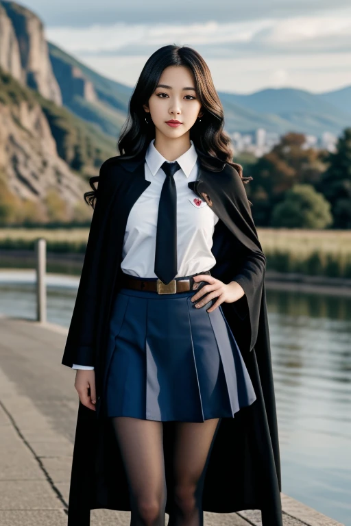 realistic, masterpiece, high detailed skin, looking at viewer, full body shot, scenic view, long hair, black hair
school uniform, long sleeves, black cape, black necktie, wing collar, shirt, belt, skirt, pantyhose, loafers <lora:Black_School_Dress_By_Stable_Yogi:1>