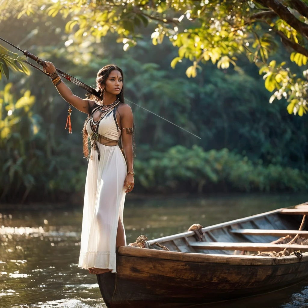 cinematic photo Native Brazilian, 1girl, barefoot, long hair, black hair, white dress, jewelry, dark skin, dark-skinned female, outdoors, bracelet, water, weapon, no panties, ass, boat, looking at viewer, braid, lips, watercraft, tree, realistic, river, full body, brown eyes, nature, beautiful, glowing, attractive
<lora:NativeBraziliansXL-000008:.75>, , <lora:FILM_PHOTOGRAPHY_STYLE:0.25> . 35mm photograph, film, bokeh, professional, 4k, highly detailed