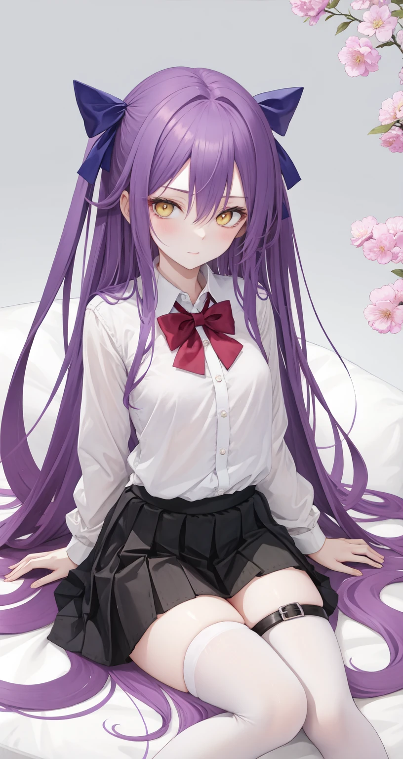 sirin,1girl,solo,thighhighs,shirt,white shirt,long hair,skirt,long sleeves,purple hair,sitting,bow,yellow eyes,black skirt,single thighhigh,looking at viewer,blue bow,very long hair,bowtie,black thighhighs,hair between eyes,collared shirt,thigh strap,high-waist skirt,thighs,closed mouth,blue bowtie,breasts,shirt tucked in,hair flaps,bangs,small breasts,miniskirt,dress shirt,<lora:sirin-000007:1>,, 1girl,
,  (masterpiece,best quality:1.2),absurdres