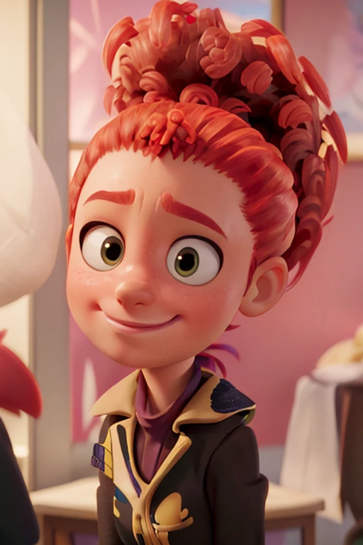 Tulip From Storks, bushy ponytail,  portrait,  3d,  catoon,  pixar, happy expression,  soft smile,  closed mouth,  close up,<lora:EMS-266278-EMS:1.000000>