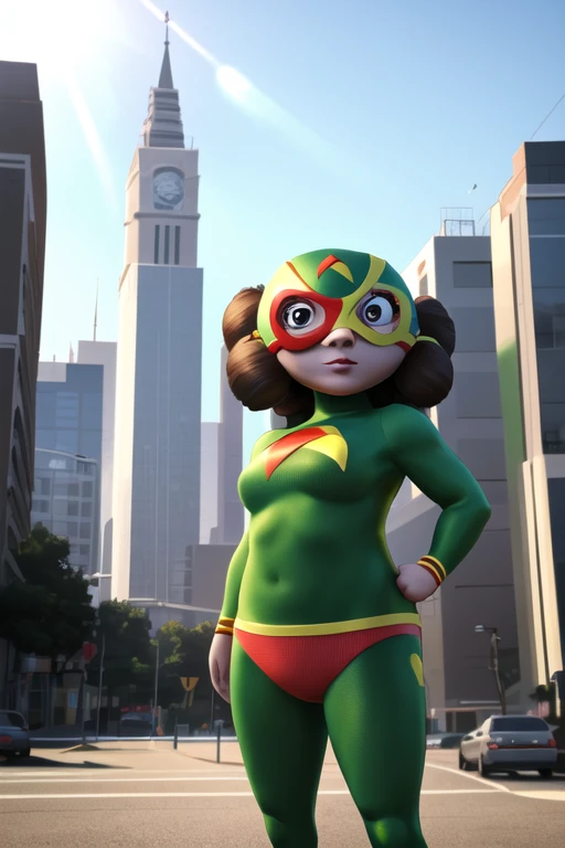 masterpiece, best quality, mamaLucha, 1girl, solo, disfraz, looking at viewer, green bodysuit, mask, standing, sunlight, outdoors, cityscape <lora:mamaLucha:0.7>