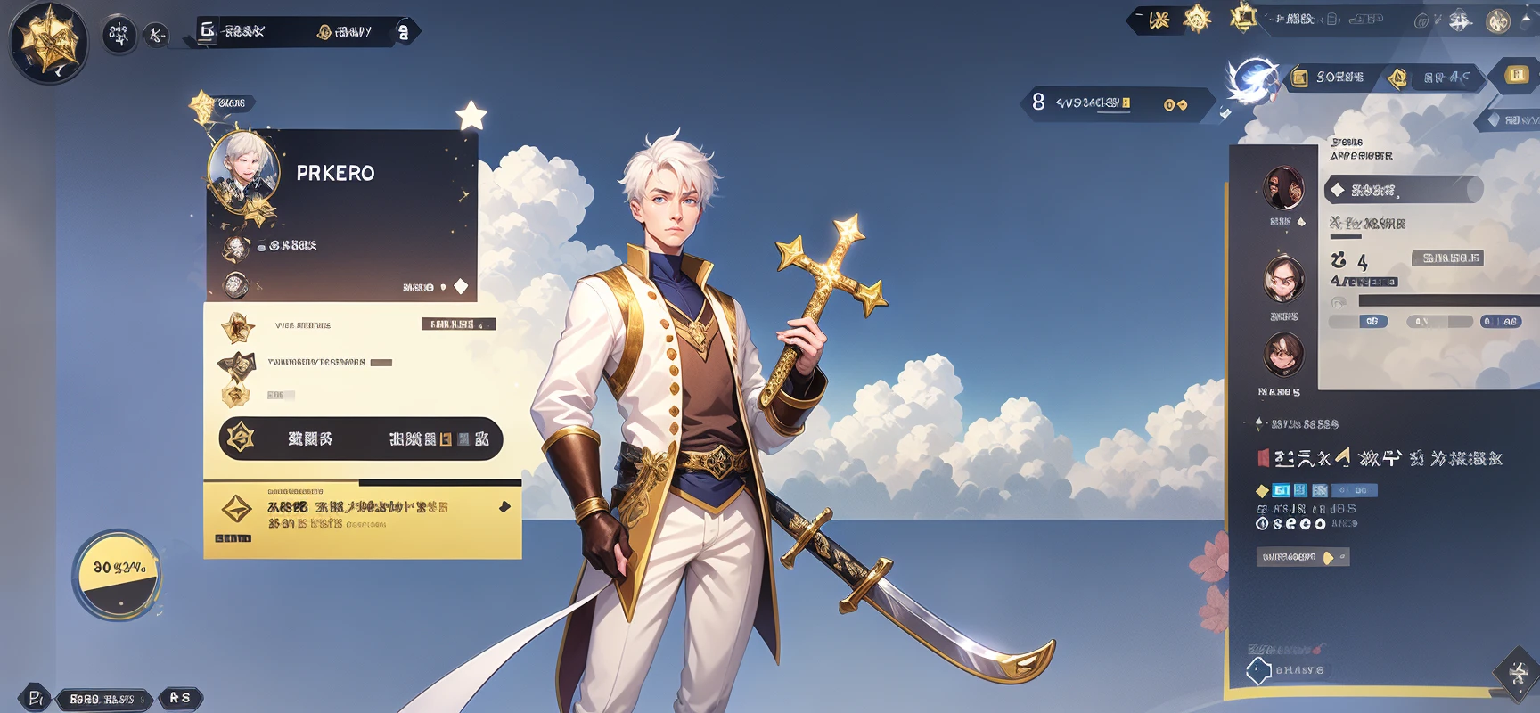 Game interface,European and American cartoon style,card game,with 1 boy displayed on the left and information text displayed on the right,buttons (high-definition),
"Simple","Blue Sky and White Clouds","Harry Potter","Sword and Expedition","Disney" (1/2),
Flowers,star decorations,gold-plated,starry,sparkling,white light,cross shaped,(((high-definition))),exquisite,(((extremely fine))),(8k),(((masterpiece))),
<lora:huanqing:1>,