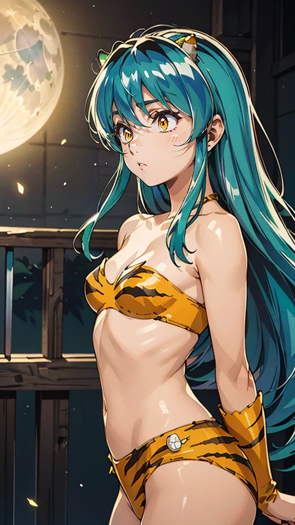 (masterpiece, best quality, highres:1.2), (intricate and beautiful:1.2), (detailed light:1.2), (colorful, dynamic angle), RAW photo,\Lum\, upper body shot, fashion photography of cute, intense long green hair, orange eyes, tiger print, strapless bikini, yellow boots, yellow little horns, small horns, \Lum\, <lora:lum4:0.6> soft moonlight passing through hair, (official art), (cinematic),