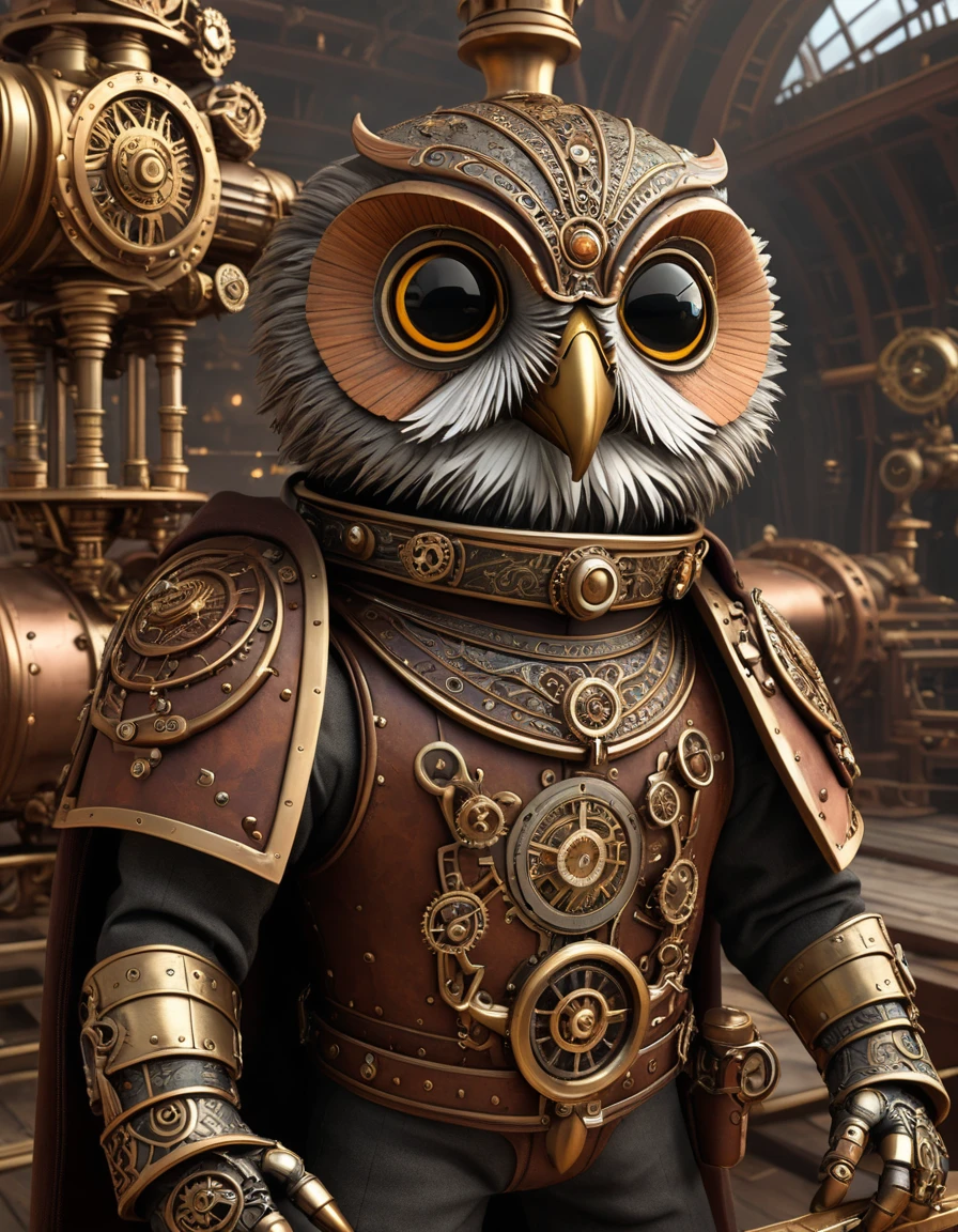 steampunk style Allow your imagination to take flight aboard a magnificent steampunk airship commanded by a seasoned, somewhat grizzled captain. Accompanying him is a diminutive yet ornate steampunk robot owl perched comfortably on his shoulder, serving as both companion and aid during their voyages. The airship rests majestically upon a steampunk-inspired landing pad, surrounded by an intricate web of polished brass pipelines that snake their way through the expansive hangar bay. Beyond the vessel, a vast dark nebula yawns open, teeming with infinite possibilities and harboring untold mysteries waiting to be explored. Skilled artists have masterfully rendered this captivating concept art in rich detail, utilizing software tools including Maya and ZBrush to produce a breathtaking 8K digital painting that is certain to impress connoisseurs of retro-futuristic aesthetics and captivate fans of Jules Verne-esque adventures. . antique, mechanical, brass and copper tones, gears, intricate, detailed