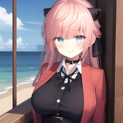 ((masterpiece)),(best quality),official art,extremely detailed CG,unity 8k wallpaper,ultra detailed,A lighthouse on a cliff by the sea,1girl,solo,upper body,(portrait:1.2),looking at viewer,Vivi(v atmi),neck ribbon,blue eyes,shirt under dress,hair ribbon,horns,long hair,white_button,smile,collared shirt,black thighhighs,red coat,choker,black gloves,pink hair,black ribbon,black belt,white shirt,large breasts,bangs,zettai ryouiki,black dress,black footwear,boots,long sleeves,sidelocks,<lora:Vivi(v atmi)>,