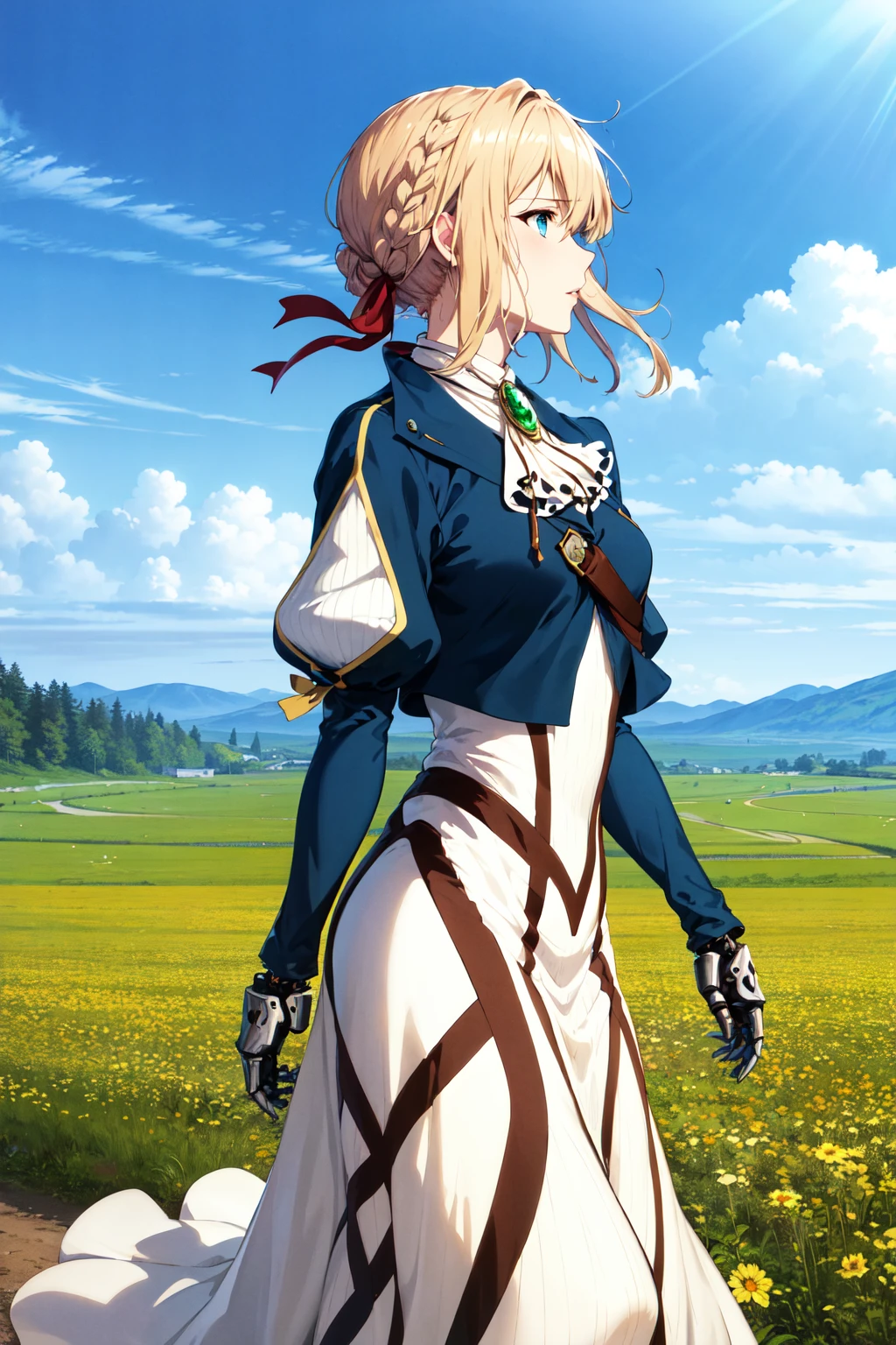masterpiece, best quality, highres, violet evergarden, braid, hair ribbon, red ribbon, jewelry, white ascot, brooch, blue jacket, long sleeves, mechanical hands, white dress, long dress, <lora:violet_evergarden_v1:0.7>, from side, (walking:1.2), cowboy shot, road, field