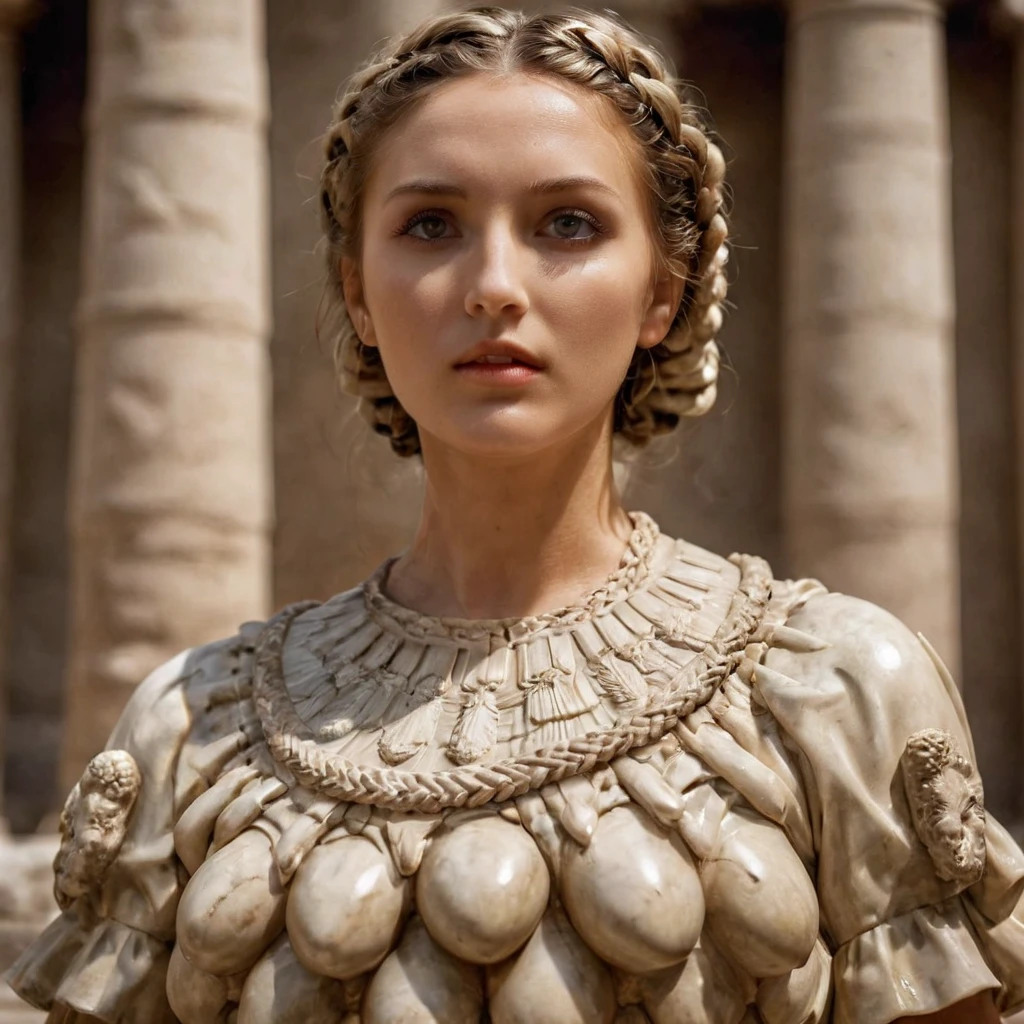 Beautiful woman, braided hair, sanity, fertility blouse,resembling arthemis of Ephsesus statue inside a roman temple, ,masterpiece, 8k, award winning, high quality, best quality, cinematic, extremely detailed, intense lighting, epic, extremely detailed <lora:Artemis_Ephesus:0.8>realistic photo, masterpiece, movie scene, white fertility blouse, beautiful eyes