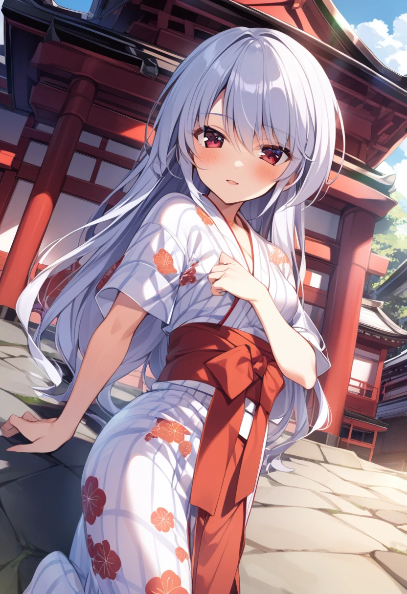 late,  1girl,  kazami kazuki, silver hair, long hair, red eyes, long hair, yukata, japanese temple, <lora:lora-000004:1>