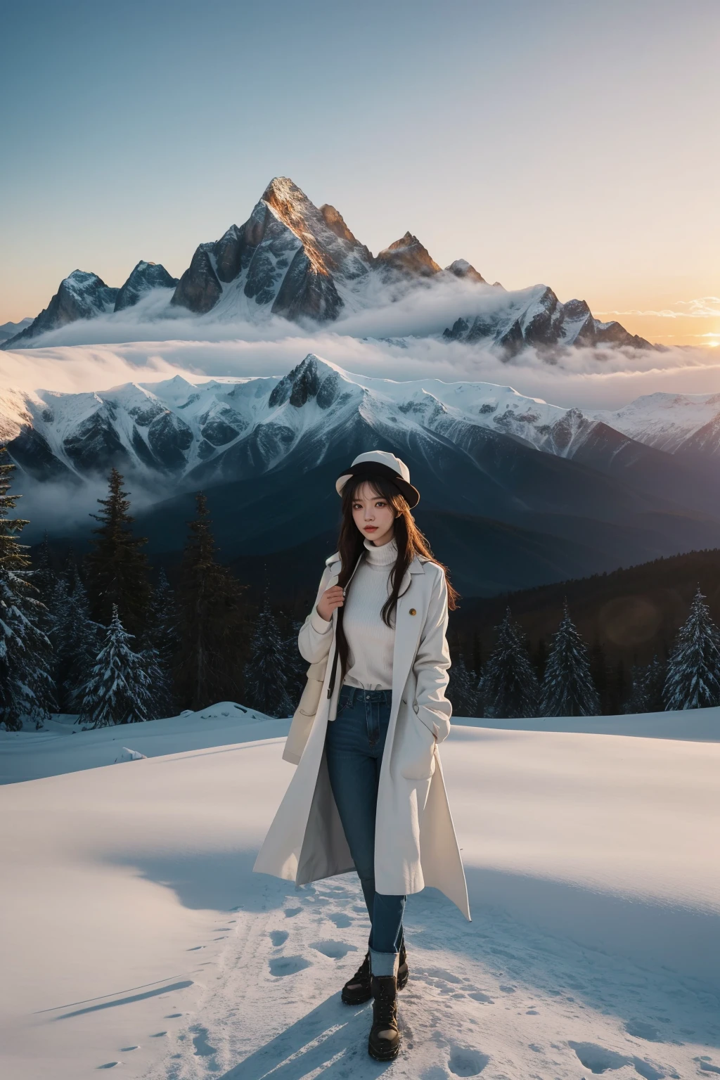 (1 girl:1.2),long hair,white turtleneck,jeans,white hats,full body,golden sunlight shining on the top of the mountain,(magnificent scene of mountains at sunset:1.2),(emphasizing how light changes the colors and textures of the mountains:1.1),creating a picture full of power and serenity,snow-capped peaks,mountains,(warm lighting:1.2),sea of clouds,shining eyes,beautiful details of eyes,extremely delicate and beautiful,extremely detailed,CG,masterpieces,best quality,official art,ultra-detailed,high resolution,looking_at_viewer,<lora:jinshan_20240115122647-000001:0.5>,