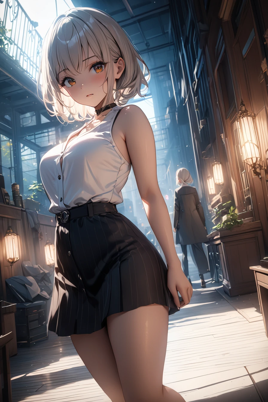 best quality, ultra high res, 1girl, sleeveless white button shirt, black skirt, black choker, cute,(platinum blonde hair:1), ((puffy eyes)), looking at viewer(Depth of field hdr 8k 4k wallpaper cinematic angle, cinematic lighting,:1.5) (masterpiece, best quality:2.0)