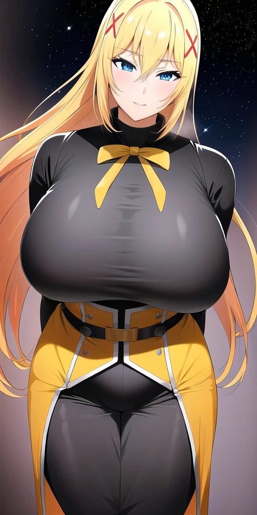 <lora:LalatinaV2:0.7> lalatinadustinessford, huge_breasts, standing, solo, Black_bodysuit_Yellow_high-waist_skirt_Front_slit_Red_bowtie, starry_sky,, masterpiece, best quality, detailed face, detailed eyes, highres,