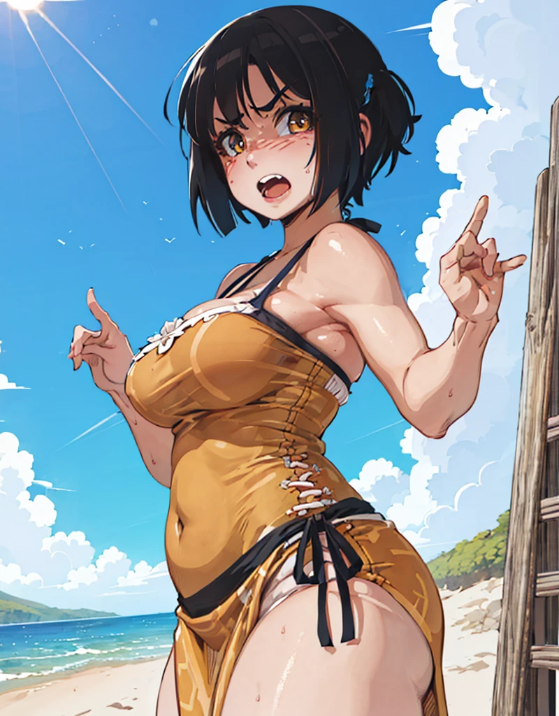 (1girl in the beach with big breast:1.2), cute, (dress, nervous, open mouth, hands up), looking at viewer, (from below, from side:1), (curvy, thick thighs), very angry, sexy, (brown eyes, tomboy, thick eyebrows:1), (black short hair:1.2), sky, sunlight,
(detailed ladscape, sand on body, shop:1.2), (dynamic_angle), (dynamic_pose:1.2), cowboy shot,
(masterpiece:1.2), (best quality, highest quality), (ultra detailed), (8k, 4k, intricate), (50mm), (highly detailed:1.2),
<lora:Hushabye_Style-20:0.75>