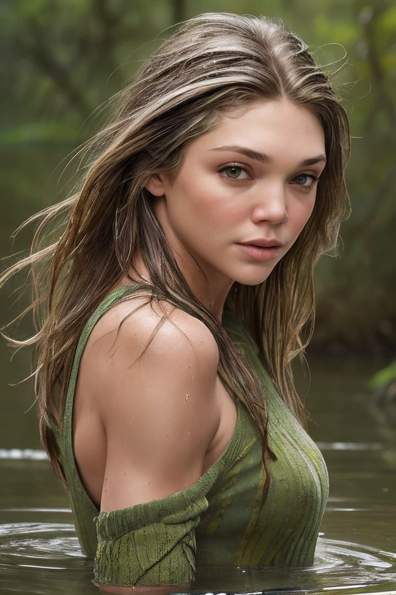 portrait of S290_JessieAndrews,a beautiful woman,in a (swamp:1.1),wearing a (wet-crewneck:1.1),(wet-hair),(4k, RAW photo, best quality, depth of field, ultra high res:1.1),(absurdres, intricate, photorealistic, masterpiece, ultra-detailed:1.1),