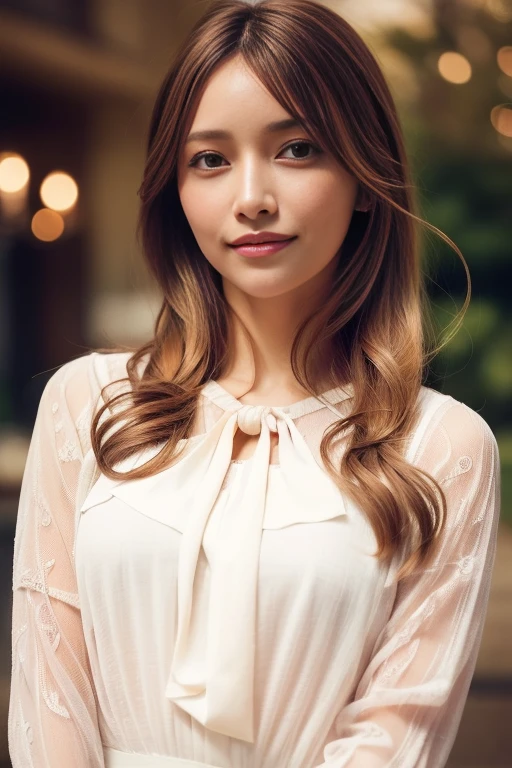 1girl,(RAW photo, best quality), (realistic, photo-realistic:1.4), masterpiece, an extremely delicate and beautiful, extremely detailed, 2k wallpaper, Amazing, finely detail, extremely detailed CG unity 8k wallpaper, ultra-detailed, highres, soft light, beautiful detailed girl, extremely detailed eyes and face, beautiful detailed nose, beautiful detailed eyes,cinematic lighting,city lights at night,perfect anatomy,slender body,smiling
 <lora:gotomaki_lora:0.8>(blouse:1.3)