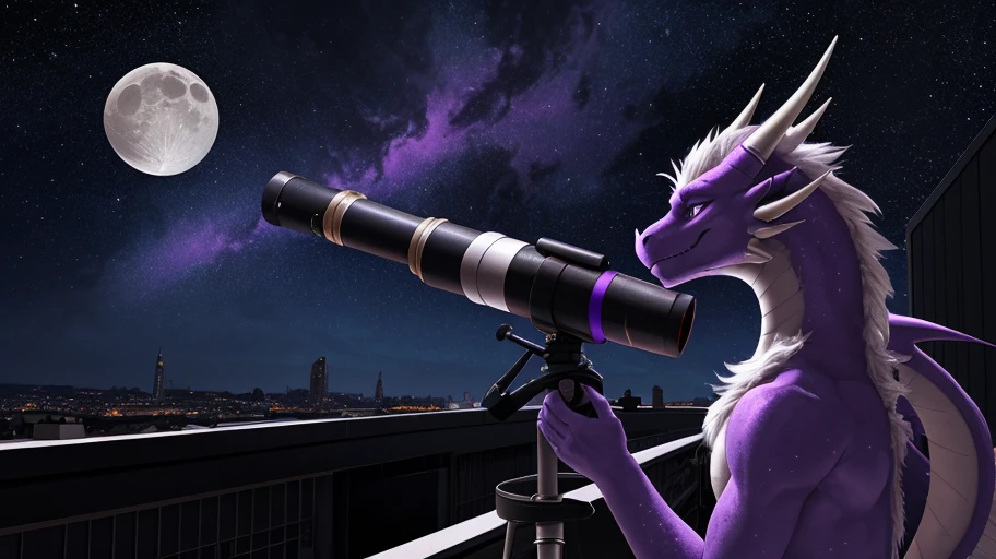 (A furred white and purple dragon) looking at (telescope eyepiece telescope pointed at the moon:1.1) atop a building rooftop lounge
BREAK rocky outskirts of a cyberpunk in the distance looking at the moon, inlayed with circuit like lights on the moon through the telescope, stars, galaxy's nebulas, beautiful colored night sky