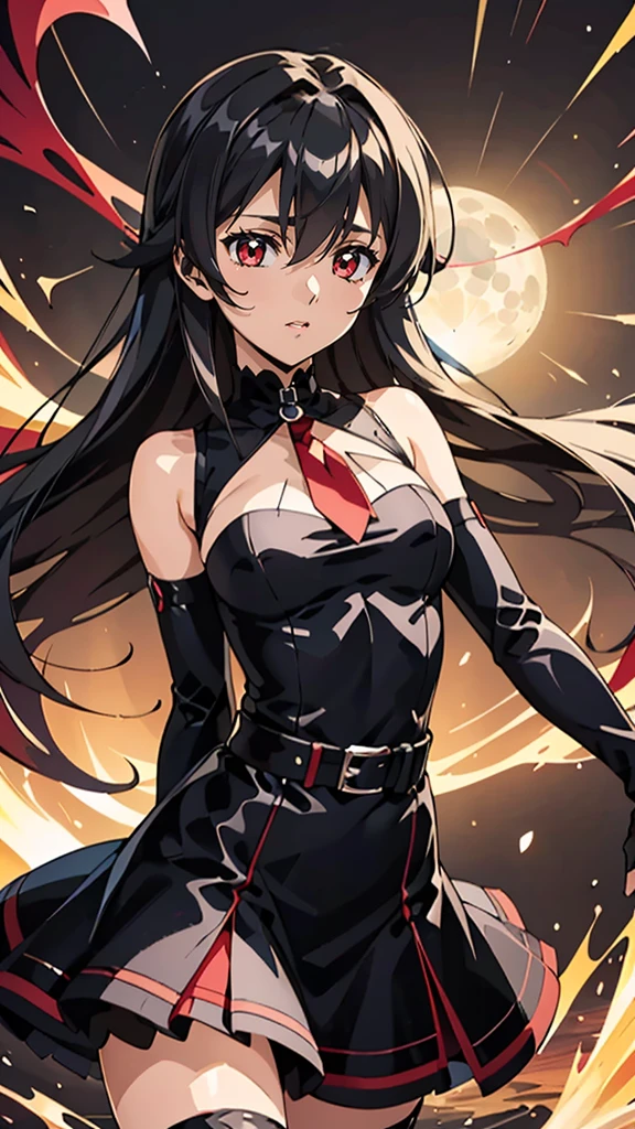 1 Girl, long black hair, red eyes, skin similar to a starry sky, cosmic Yumeko Jabami, cosmic background, red fire crown on her head, black and red tunic with long sleeves, torso, black horns on her head