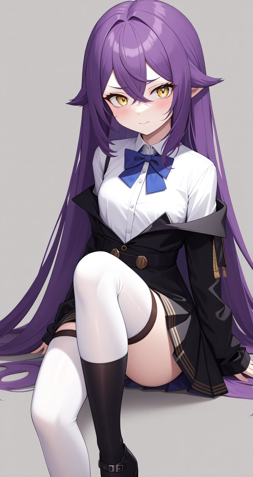 sirin,1girl,solo,thighhighs,shirt,white shirt,long hair,skirt,long sleeves,purple hair,sitting,bow,yellow eyes,black skirt,single thighhigh,looking at viewer,blue bow,very long hair,bowtie,black thighhighs,hair between eyes,collared shirt,thigh strap,high-waist skirt,thighs,closed mouth,blue bowtie,breasts,shirt tucked in,hair flaps,bangs,small breasts,miniskirt,dress shirt,<lora:sirin-000001:1>,, 1girl,
,  (masterpiece,best quality:1.2),absurdres