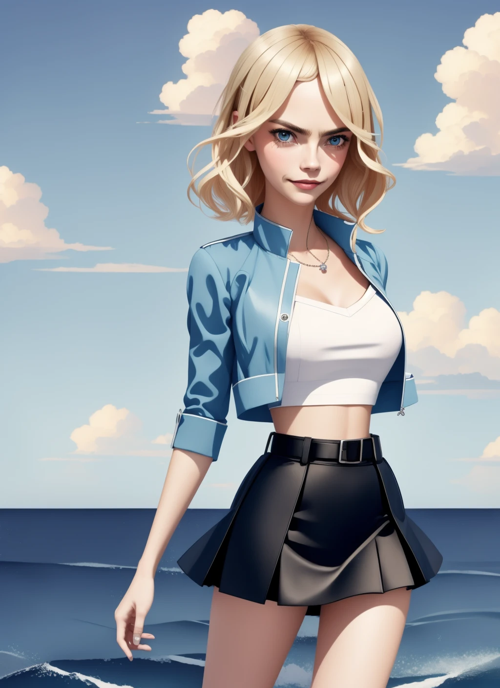1girl seductive standing,on ocean boat,detailed face,short skirt,midriff,open jacket,short sleeves,short clothes,detailed blue eyes,big eyes,smile,puffy lips parted,teeth,belt,perfect shadow,(masterpiece),long blonde hair,clouds bg,<lora:rus-girl:0.9>,