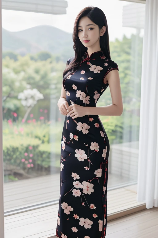 1 woman, 22yo, realistic, masterpiece, high detailed skin, looking at viewer, full body shot, scenic view, long hair, black hair
<lora:Flower_Pattern_Cheongsam_By_Stable_Yogi:0.8> flower pattern, cheongsam