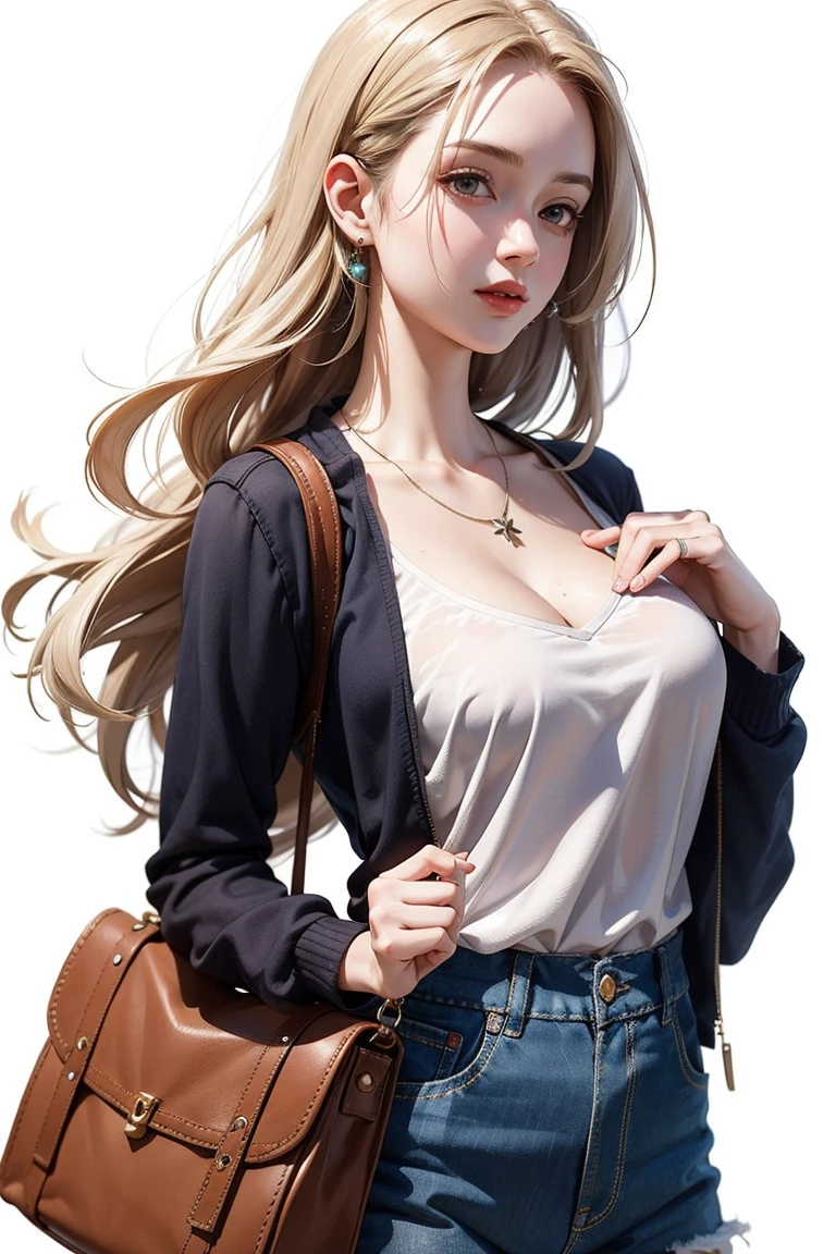 1girl,jewelry,necklace,breasts,blonde hair,clothing cutout,solo,long hair,bag,simple background,white background,, (masterpiece:1.3), (best quality:1.3),